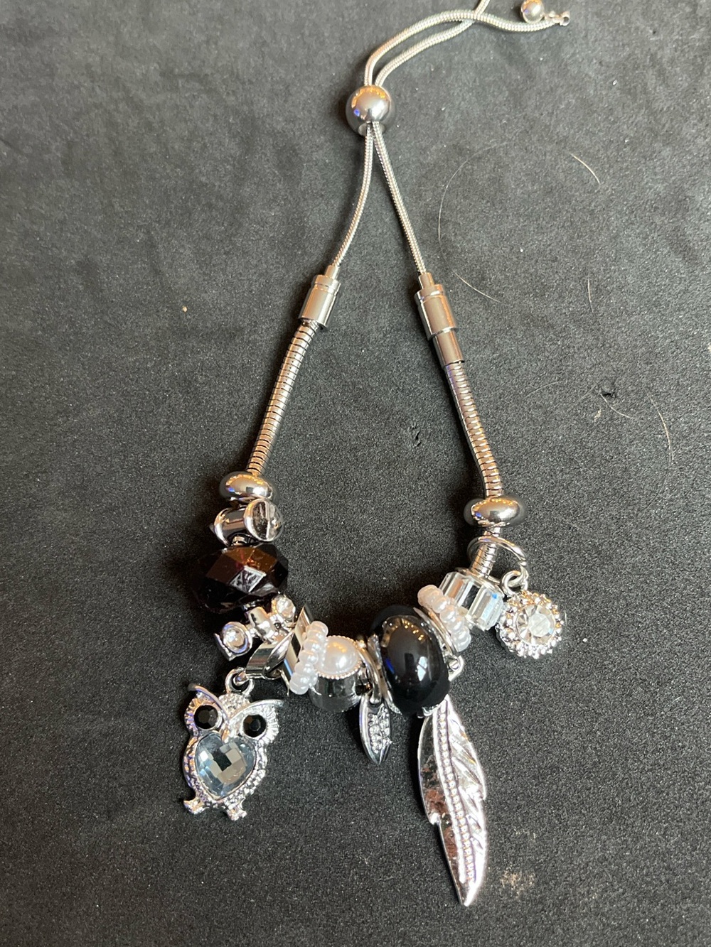 Silver-Tone Black Bead Charm Necklace with Owl & Feather